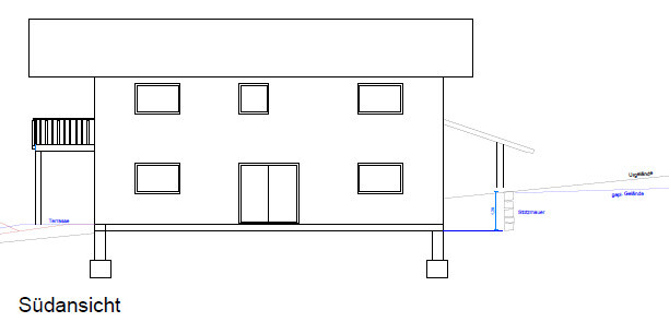 Südansicht eines zweigeschossigen Hauses mit Fenstern, Eingangstür und seitlichem Anbau (Skizze).