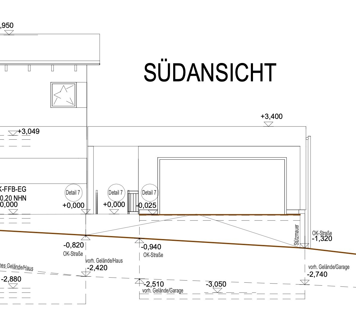 Südansicht eines Gebäudes mit Fenstern und Maßlinien