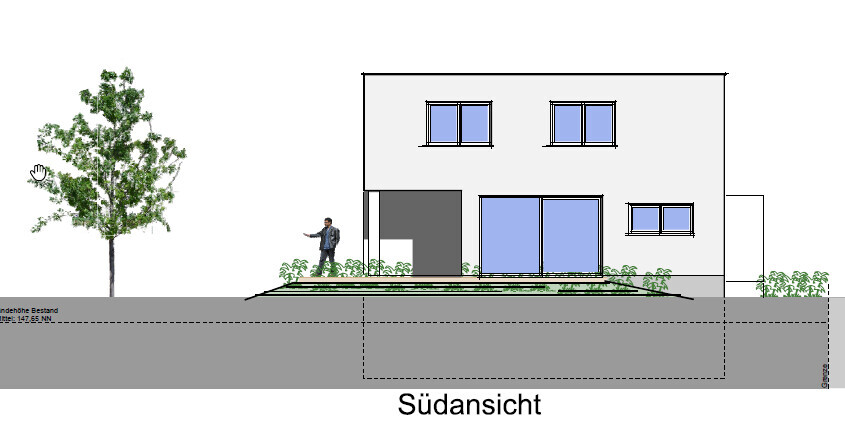 Moderne, zweigeschossige Wohnhaus-Südansicht mit großen Fenstern, Eingangstür, Baum und Garten.