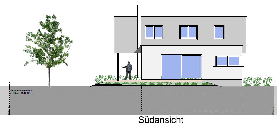 Moderne zweigeschossige Südansicht eines Hauses; Person am Eingang, Baum links, Garten.