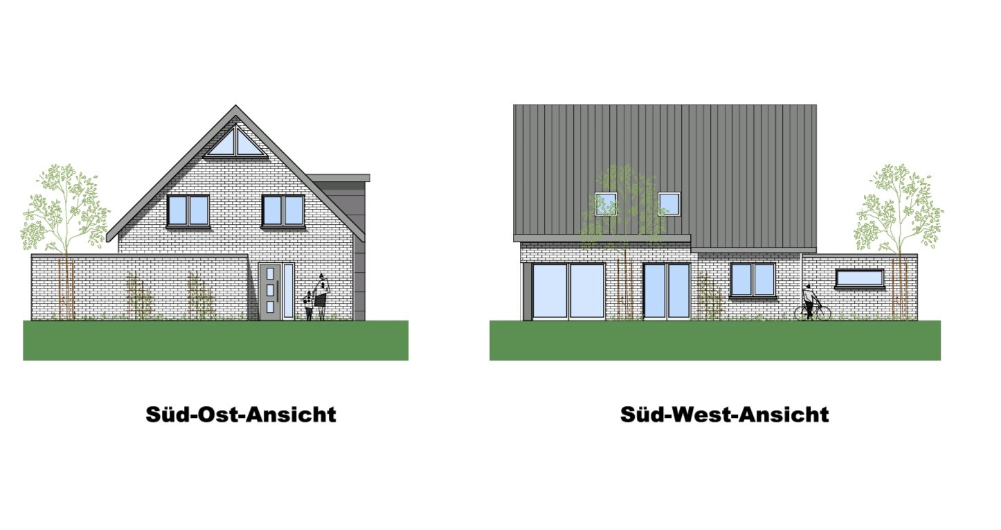 Zwei Hausansichten: Südost- und Südwest-Ansicht mit Garten, Bäumen und Fenstern.