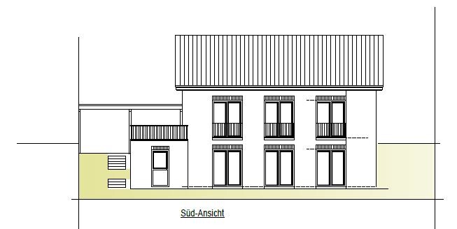 Südansicht eines modernen zweigeschossigen Hauses mit Dach, Balkonen und Anbau.