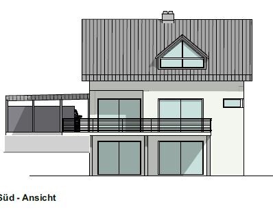 Südansicht eines modernen zweigeschossigen Hauses mit Balkon und großen Fenstern