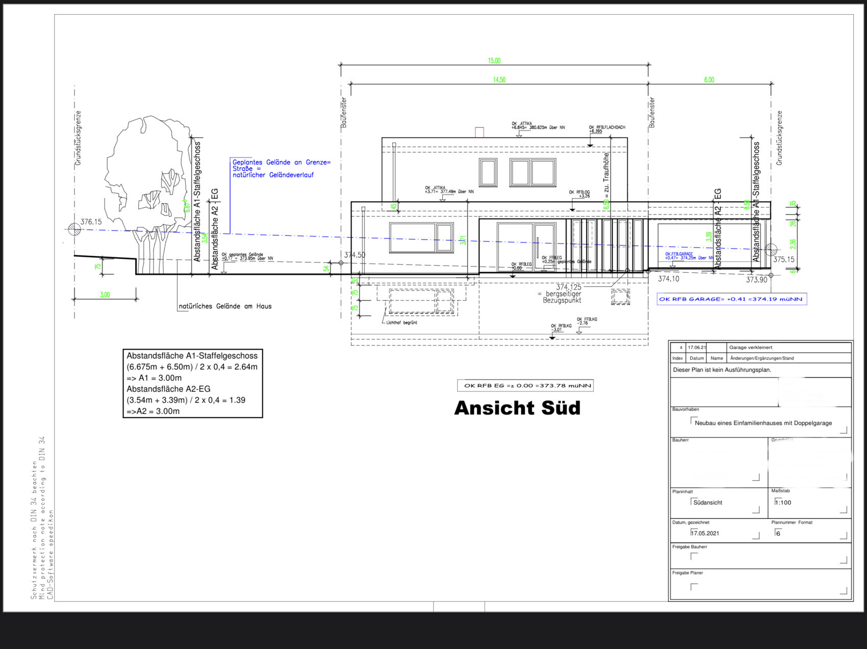 Ansicht Süd eines modernen Hauses mit Garten, Treppe und großen Fenstern