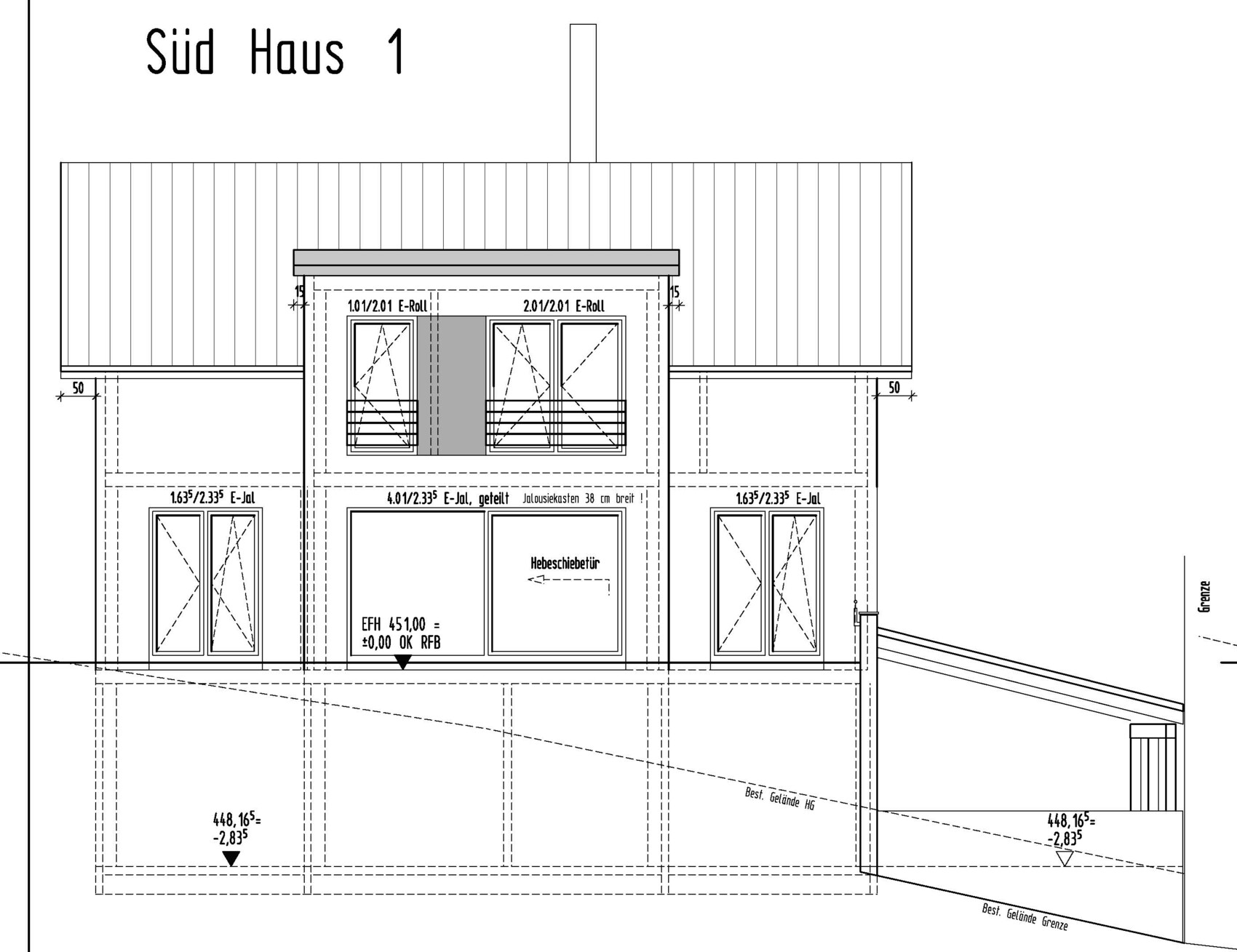 Süd-Ansicht von Haus 1: Front mit zentralem Vorbau, Fensterfront und Maßen.