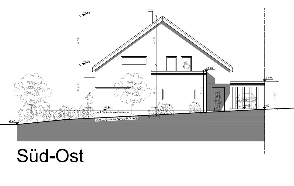 Architektenzeichnung eines zweigeschossigen Hauses mit Dach, Garten und Garage, Süd-Ost Orient.