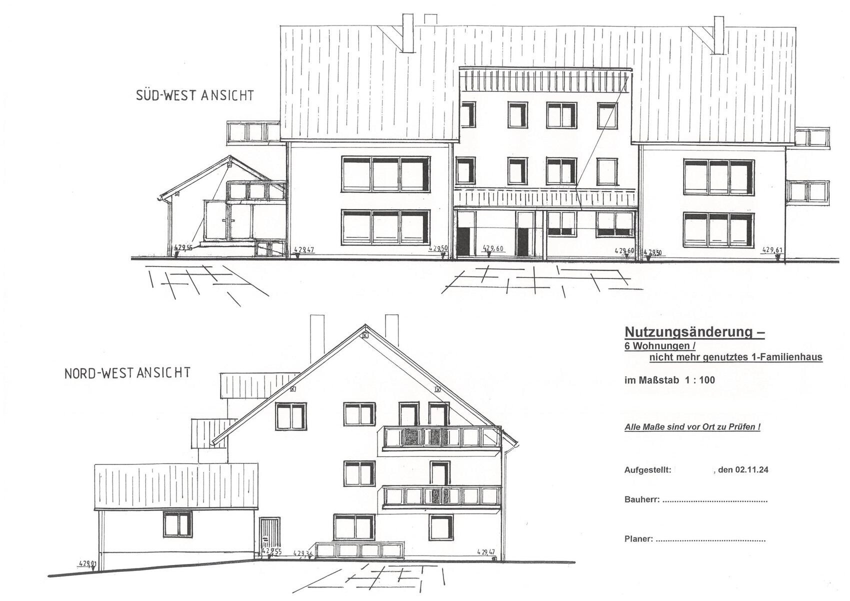 Architekturzeichnung: Südwest- und Nordwest-Ansichten eines Mehrfamilienhauses.