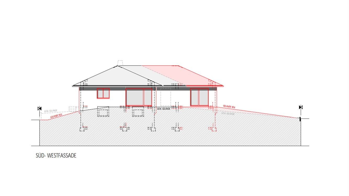 Architekturzeichnung einer Südwest-Fassade eines Hauses mit Dach und Fenstern