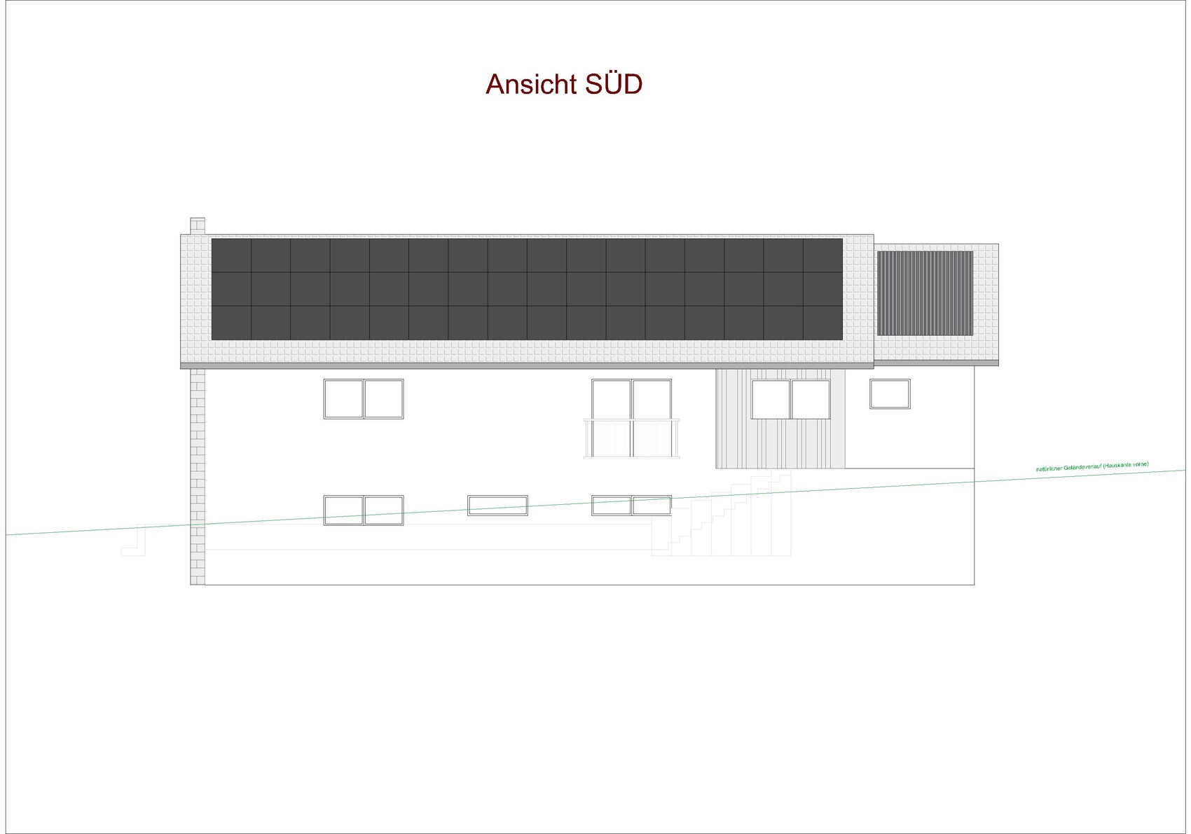 Moderne Hausansicht von Süden: Flachdach, große Solarmodule, Fensterfront und Treppe zum Eingang.