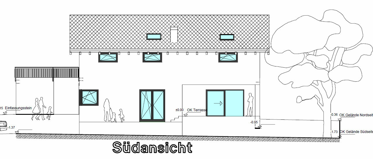 Architekturzeichnung einer Südansicht eines Hauses mit Terrasse und Bäumen.