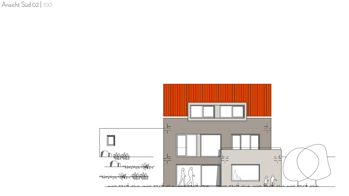Moderne zweigeschossige Hausfassade mit orange-rotem Dach, großen Fenstern und Gartenfiguren.