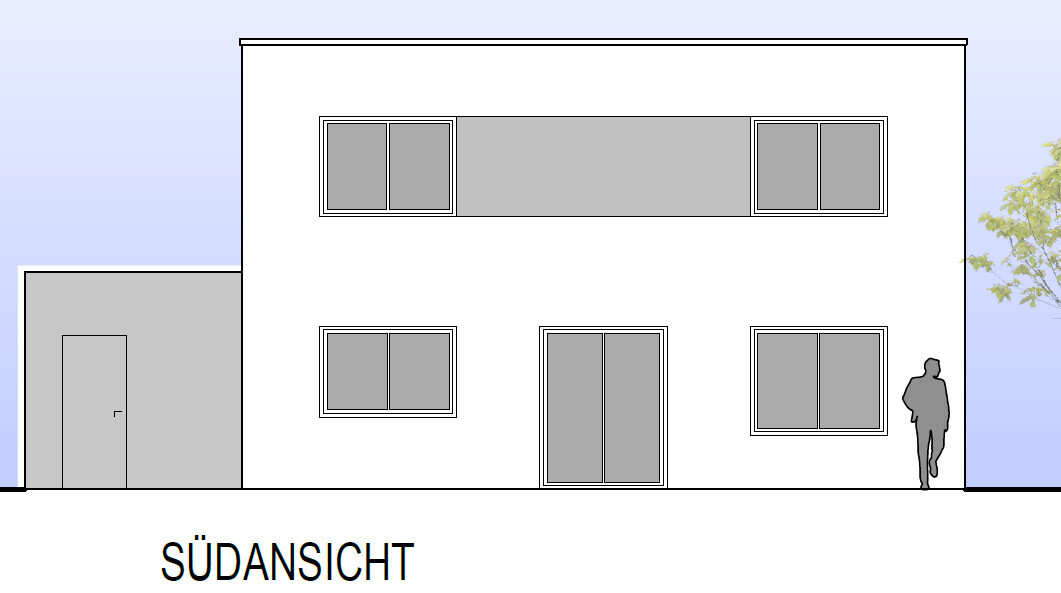 Moderne weiße zweigeschossige Fassade mit vielen Fenstern, linke Tür, rechts Person (Südansicht).