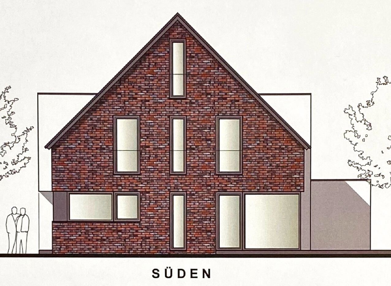 Südansicht: rotes Ziegelhaus mit Giebeldach, große Fenster; zwei Personen links.