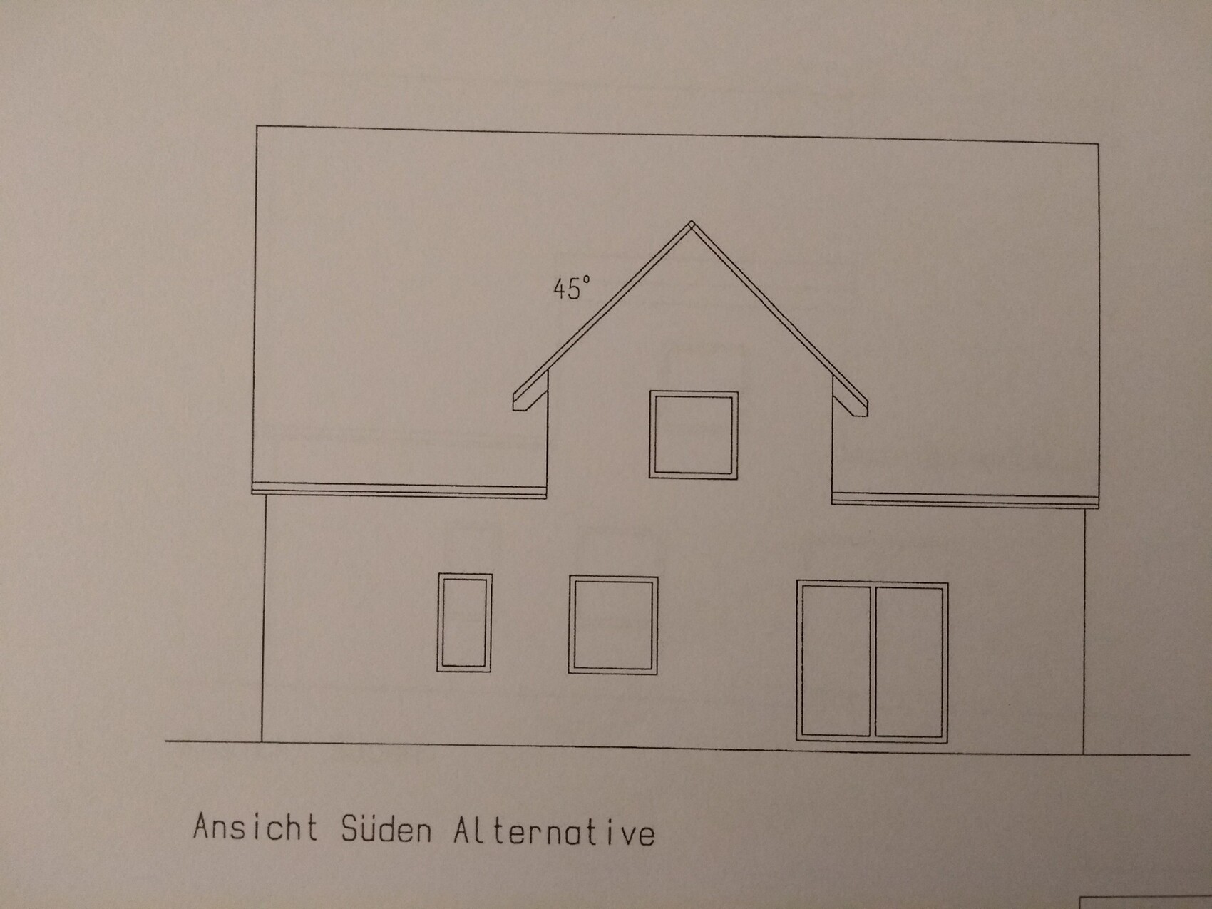 Südansicht eines zweigeschossigen Hauses mit Satteldach; unten zwei Fenster und Tür, kleines Fenster.