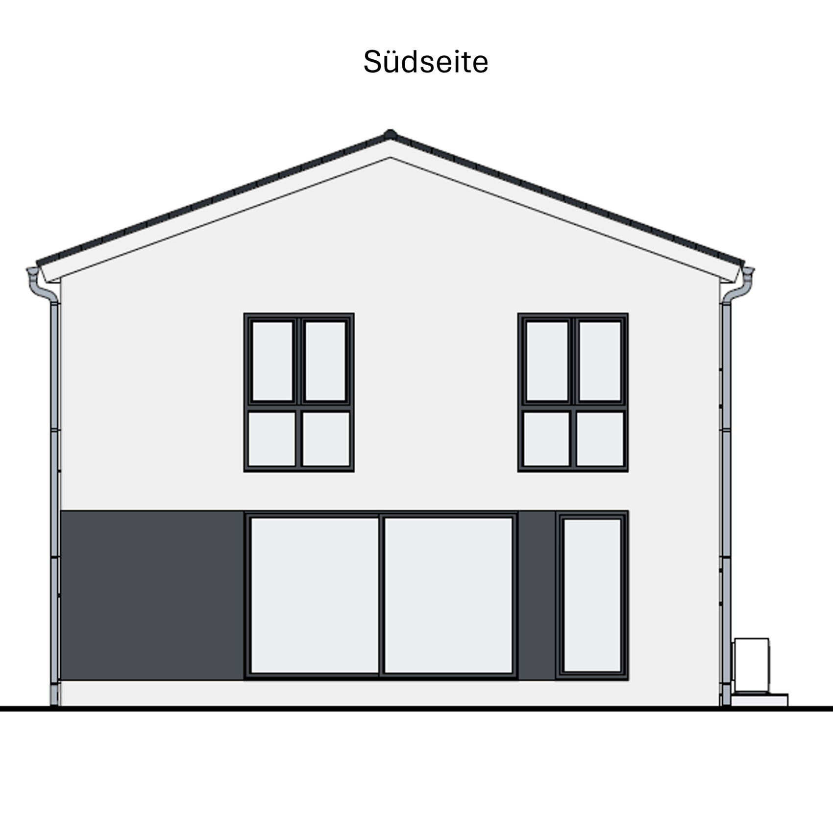 Südseite eines Hauses mit Satteldach, zwei Oberfenstern und Glasfront im Erdgeschoss.