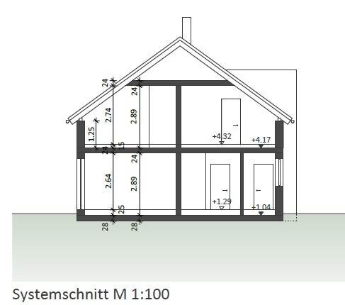 Schnittansicht eines Einfamilienhauses mit Rohbau, Fundamenten und Innenwänden im Maßstab 1:100