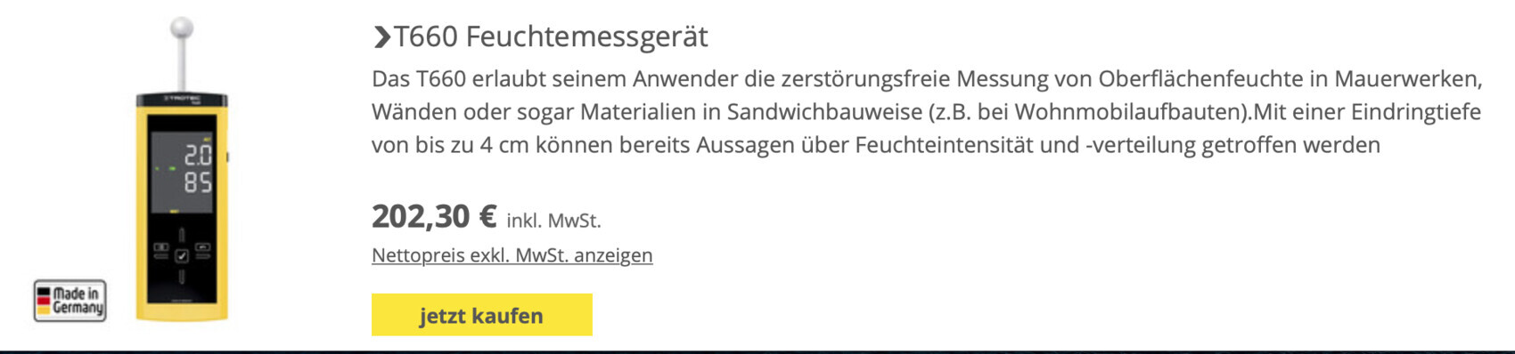 T660 Feuchtmessgerät: gelbes Handgerät mit Display und Messsonde, Made in Germany.