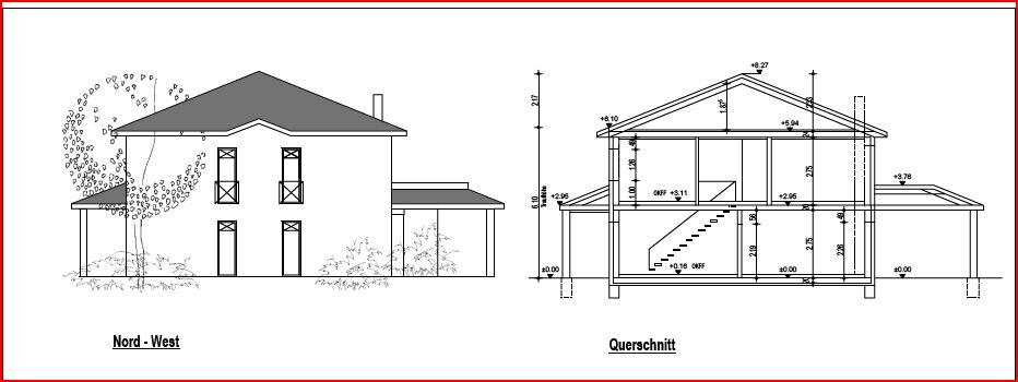 Vorderansicht und Querschnitt eines zweigeschossigen Hauses mit Maßangaben.