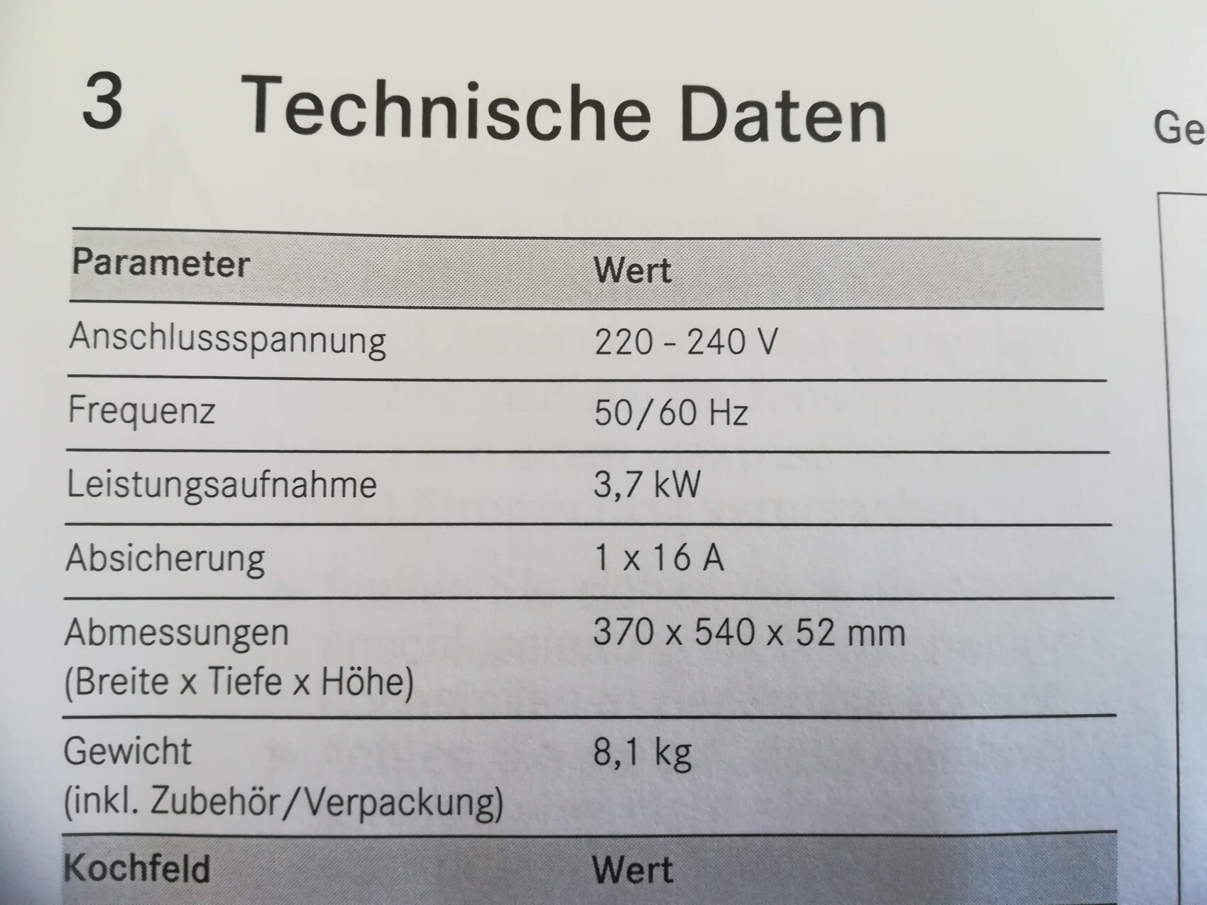 Technische Daten: 220-240V, 50/60 Hz, 3,7 kW; Absicherung 1 x 16 A; Maße 370x540x52 mm.