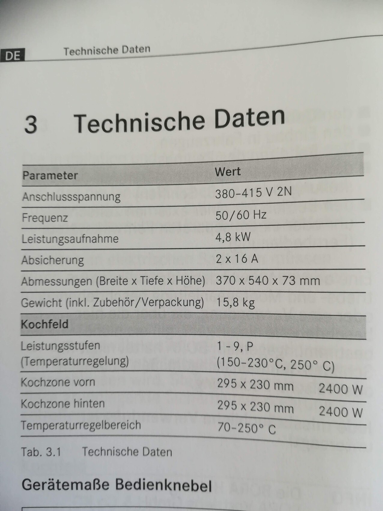 Technische Daten eines Kochfelds: Tabelle mit Spannung, Frequenz, Leistung und Maßen.