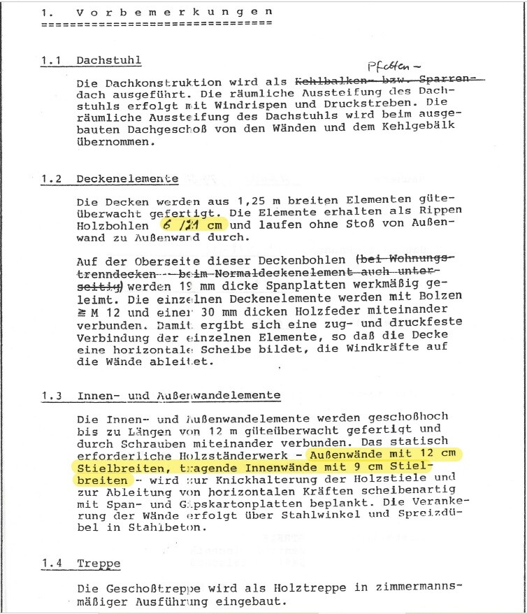 Abschnitt 1: Dachstuhl, Decken- und Wandenelemente; Außenwände 12 cm, Innenwände 9 cm.