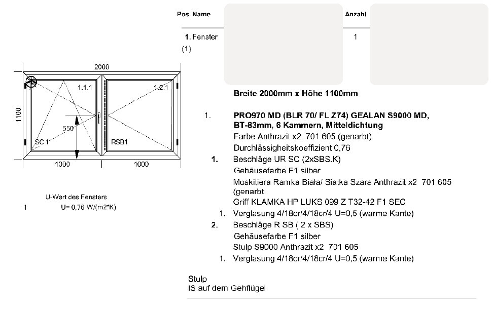 Technische Zeichnung eines zweiflügeligen Fensters mit Abmessungen 2000×1100 mm.