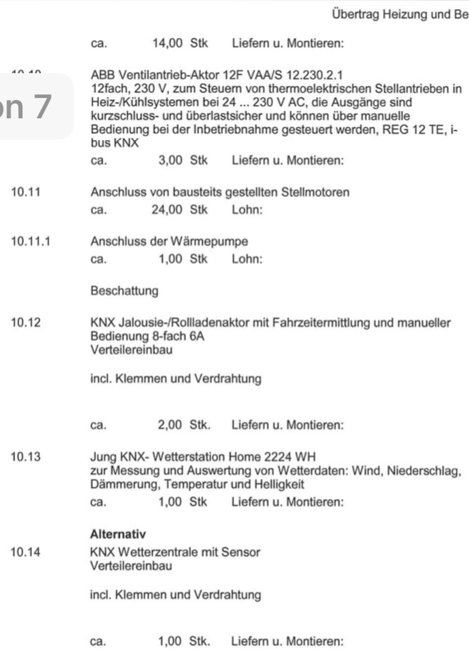 Montage- und Wartungsplan mit Posten wie Ventilantrieb, Wärmepumpe und KNX-Verteiler.