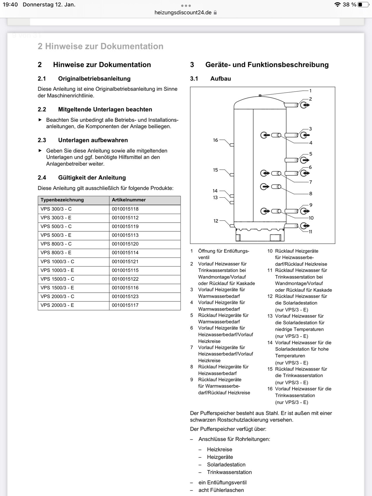 Technische Zeichnung eines Pufferspeichers mit Nummern 1–16 und Anschlüssen.