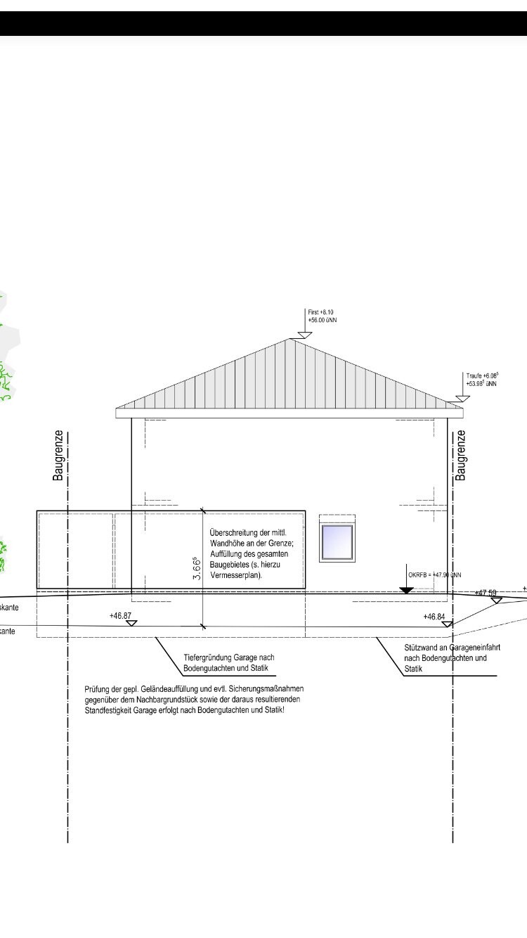 Technische Zeichnung eines Gebaeudes mit Dach, Fundament und Garage im Seitenprofil.