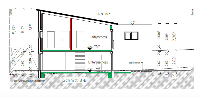 Architektur-Schnitt B-B: Haus mit Erdgeschoss und Untergeschoss, schräges Dach, Maßangaben.