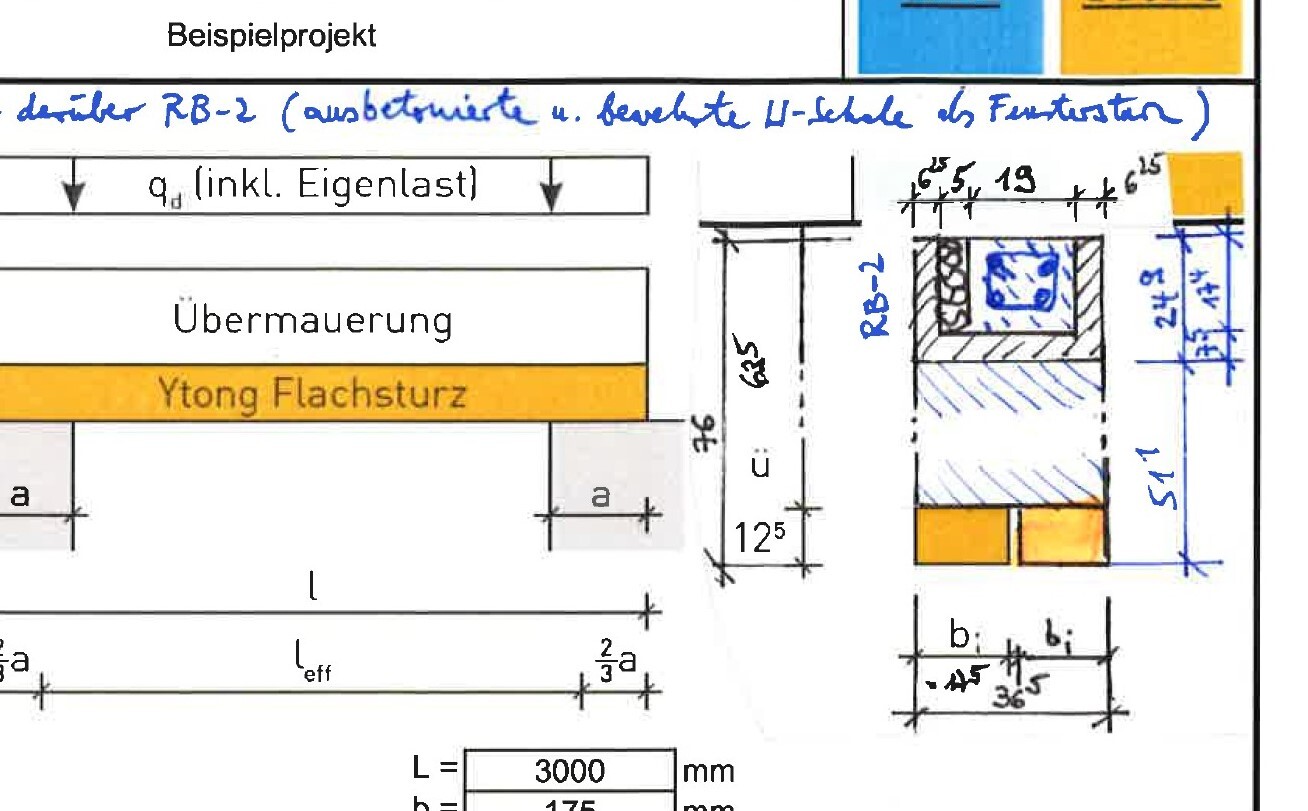 Technische Zeichnung: Wand mit Ytong-Flachsturz und Übermauerung.