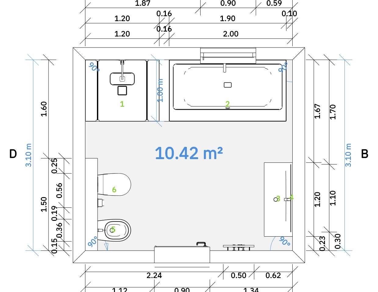 Grundriss eines Badezimmers mit Waschbecken, Badewanne, Toilette und Bidet.
