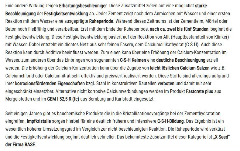 Deutscher Text über Erhärtungsbeschleuniger, Zementchemie und C-S-H Keimen.