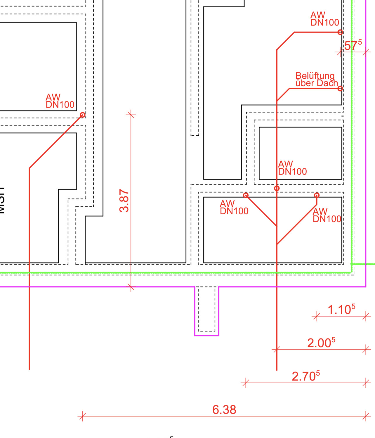 Grundriss eines technischen Plans mit roter DN100-Leitung und Dachbelüftung.