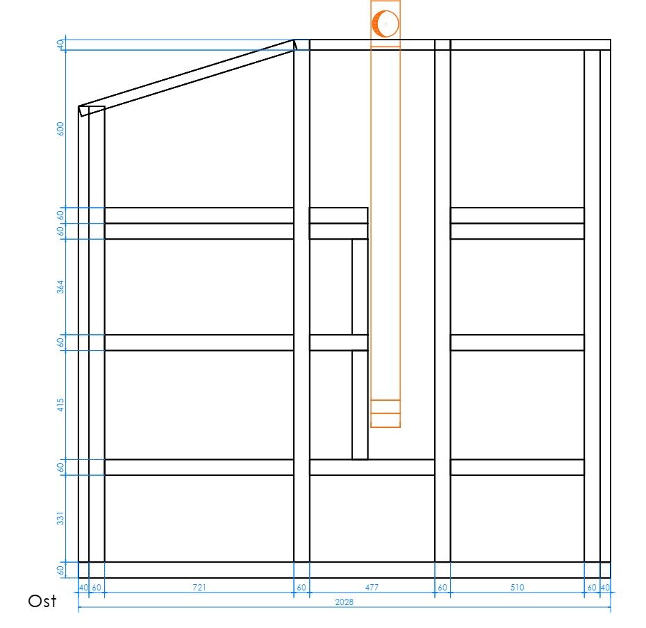 Technische Zeichnung eines Schranks mit Abmessungen; orange markiertes vertikales Bauteil.