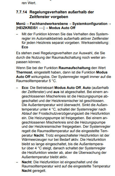 Handbuchseite: Regelverhalten außerhalb der Zeitfenster; Eco, Nacht, Modus Auto Off.