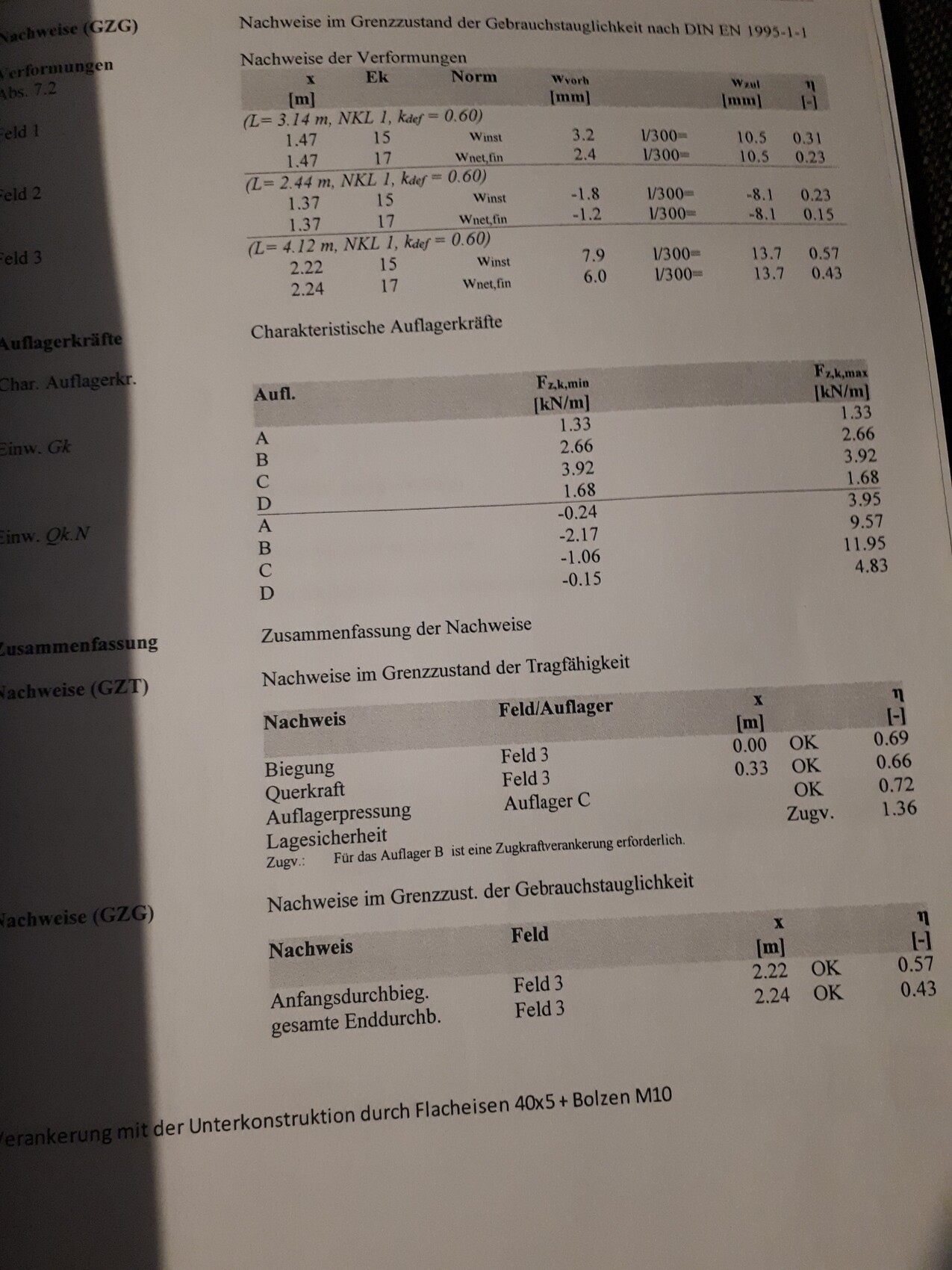 Technische Dokumentenseite mit Tabellen zu Verformungen, Auflagerkräfte und Nachweise.