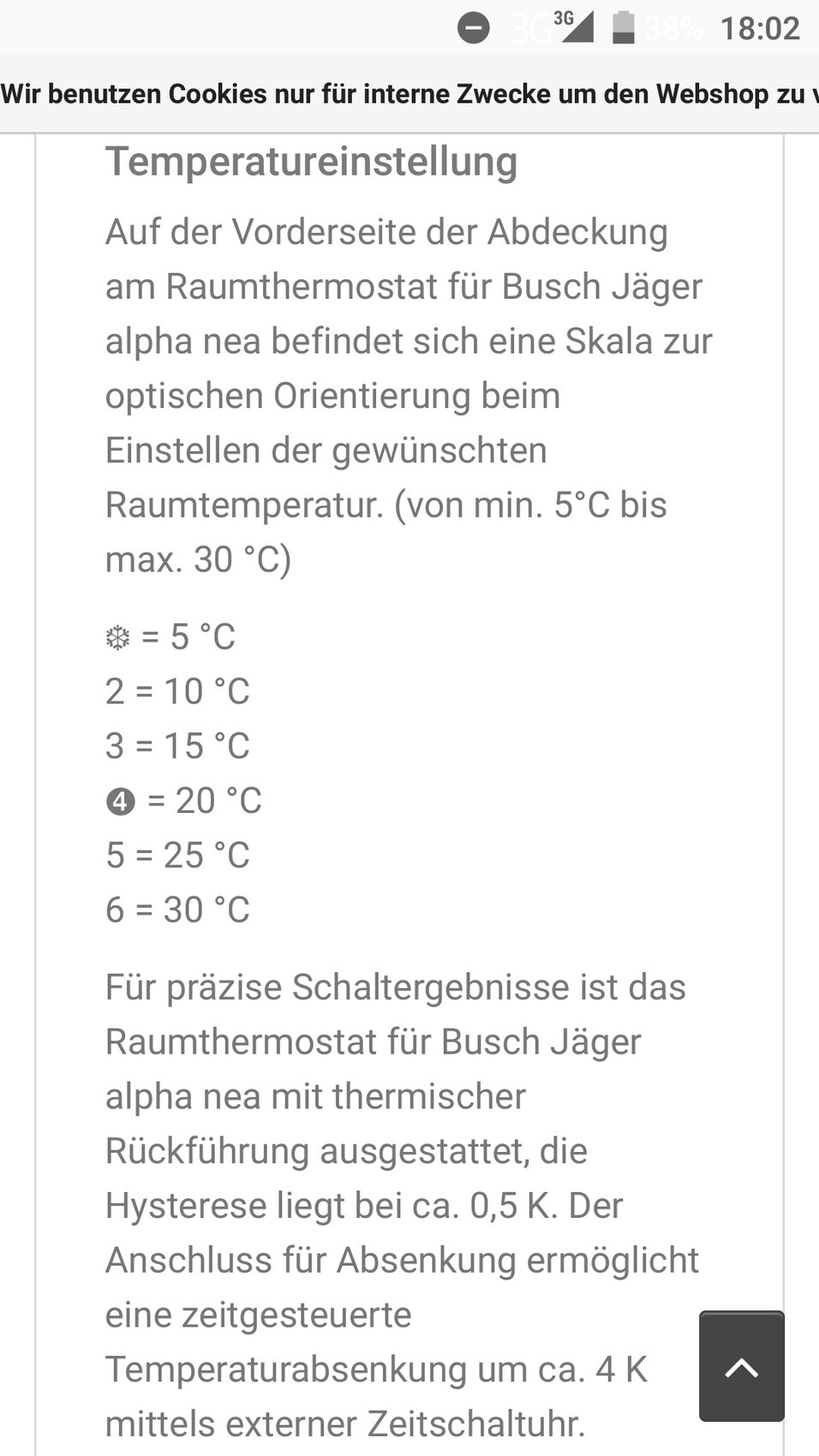 Screenshot einer Temperatureinstellungsseite mit Raumthermostat-Text und Temperaturoptionen