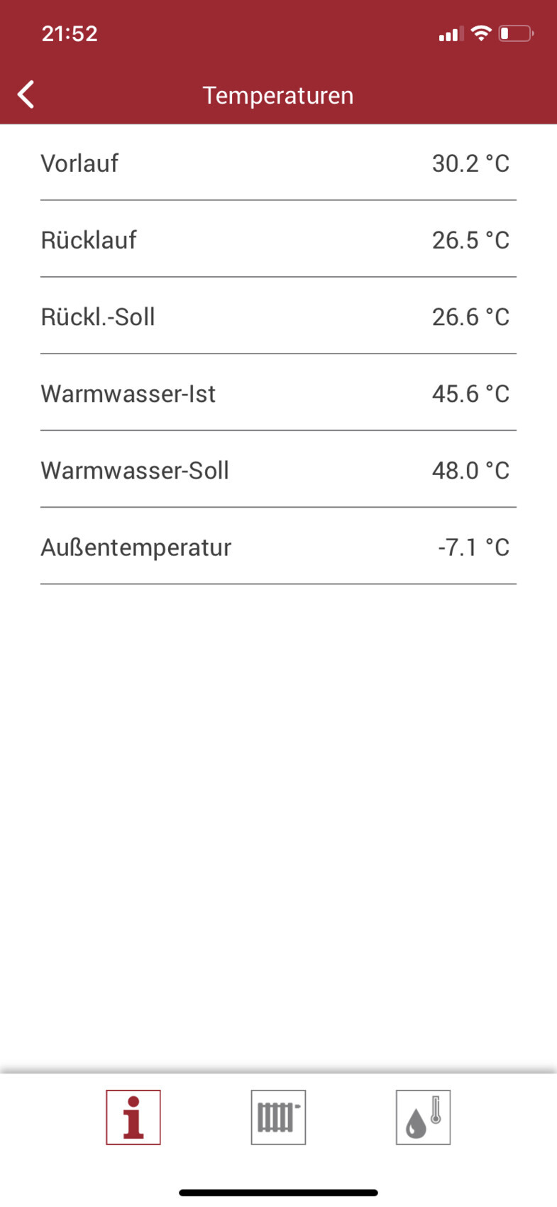 Temperaturübersicht in einer App: Vorlauf 30.2°C, Rücklauf 26.5°C, Außentemperatur -7.1°C.