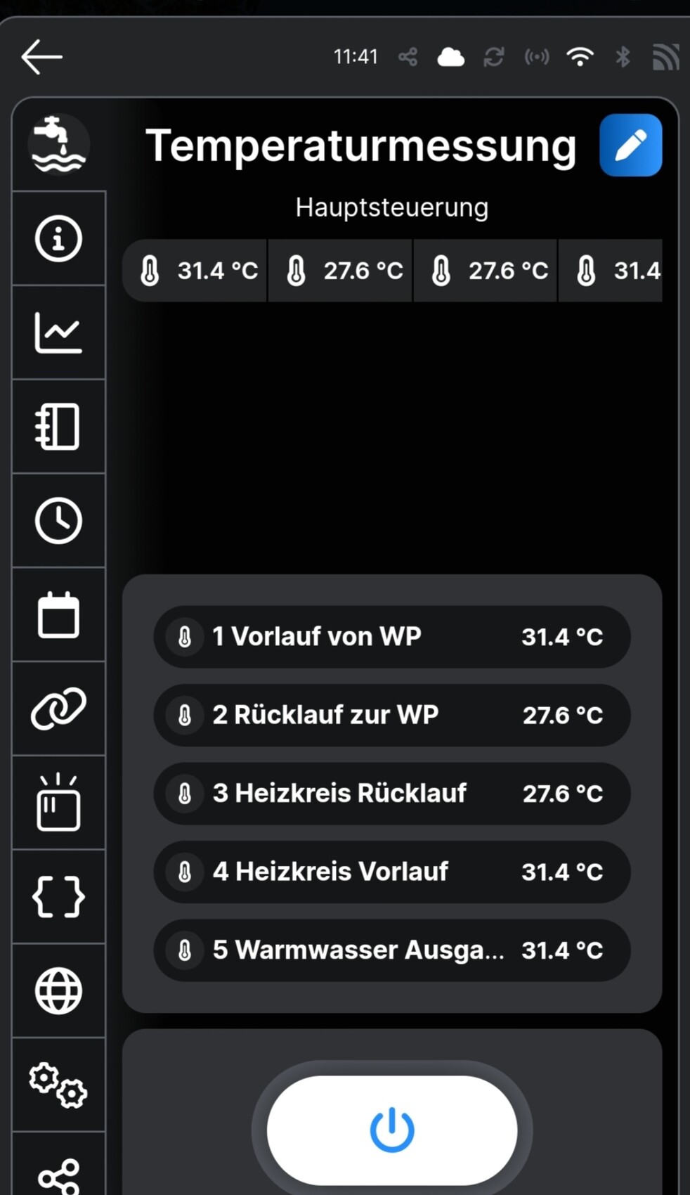 Dunkle Heizungs-App: zeigt Temperaturwerte (Vorlauf/Rücklauf) und Kanalliste der Heizkreise.