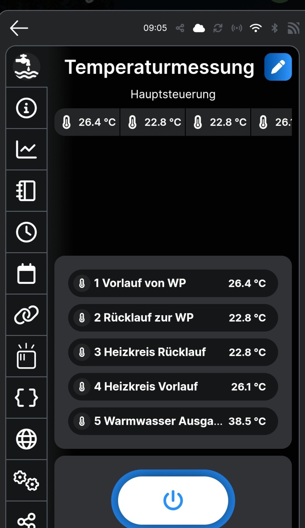 Mobile App zeigt Temperaturwerte der Heizung und eine Liste der Heizkreisläufe im dunklen Dashboard.