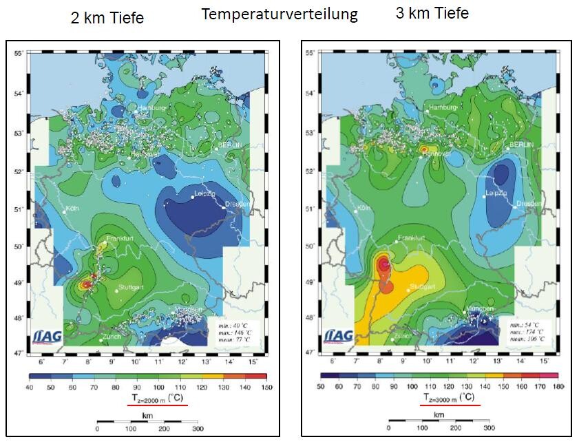 Zwei farbkodierte Karten der Temperaturverteilung in Deutschland bei 2 km und 3 km Tiefe