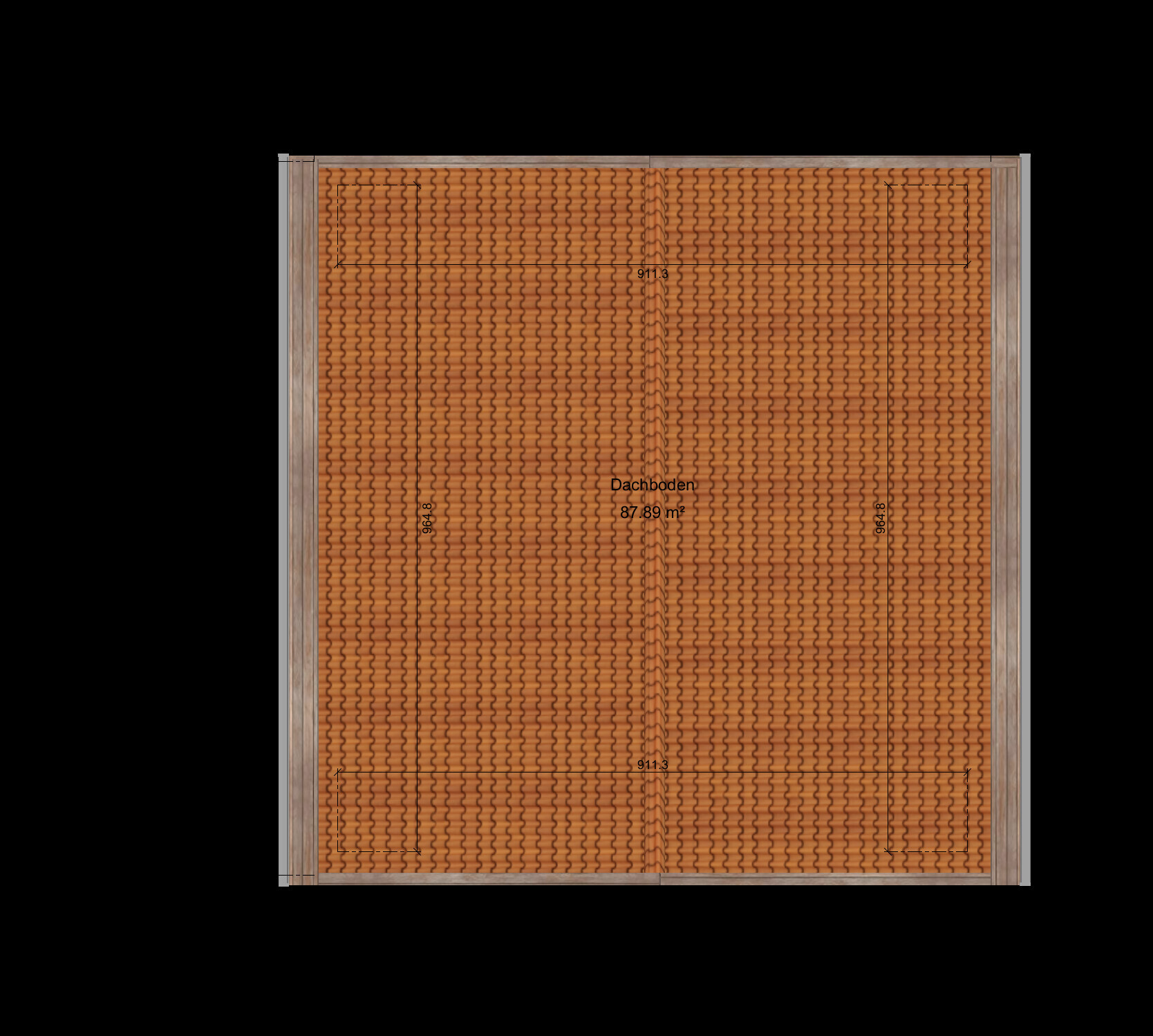 Dachboden-Plan: orange Ziegel-Dach, Fläche 87,89 m², mittlere Fugen sichtbar
