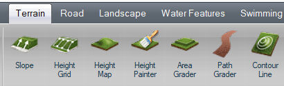 Screenshot der Terrain-Werkzeugleiste mit Slope und Höhenfunktionen in Landschaftssoftware