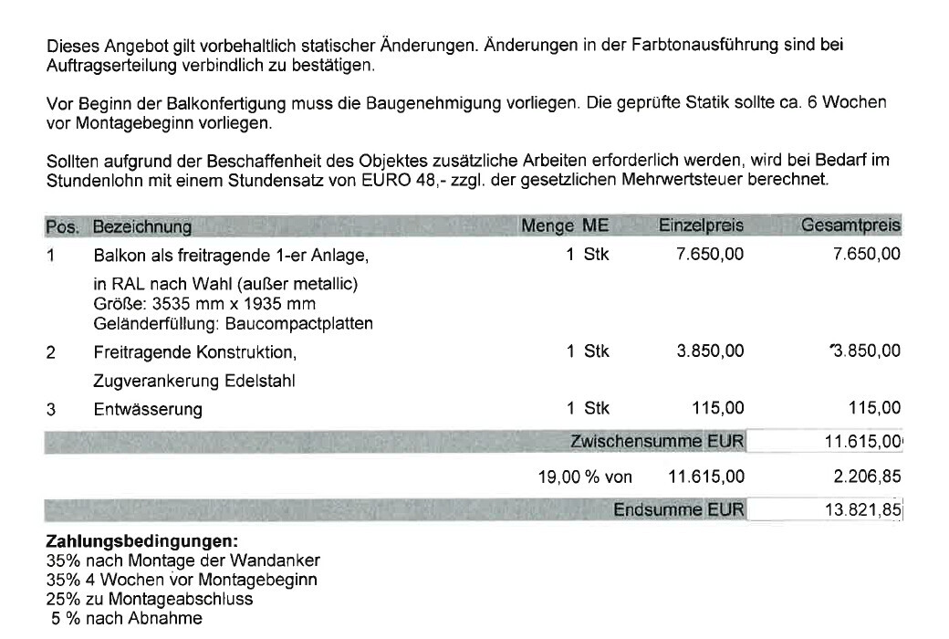 Angebotsliste Balkonbau mit Kosten, Geländer und Entwässerung