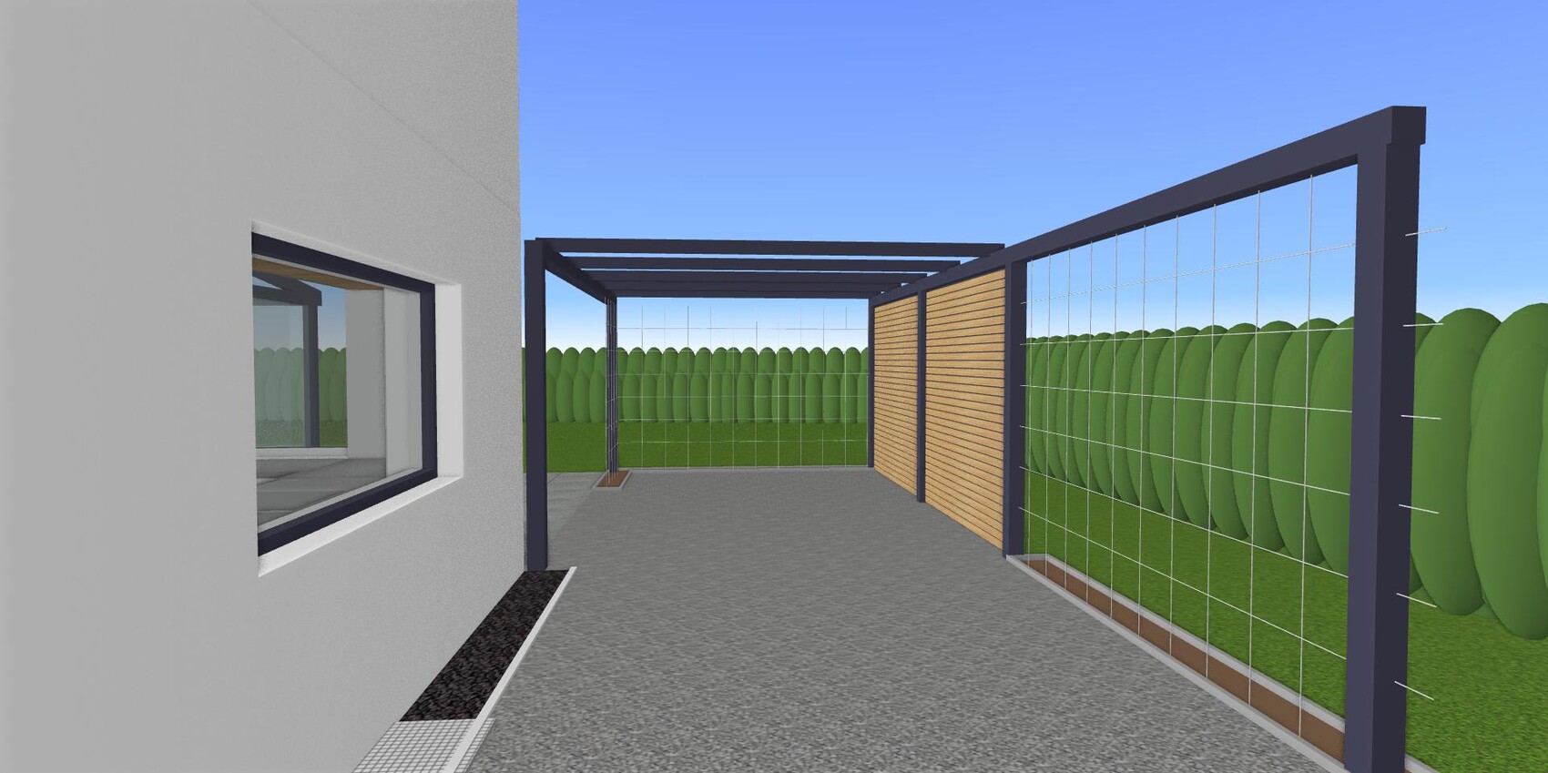 Außenansicht einer Terrasse mit Pergola, Glaszaun und grünem Garten