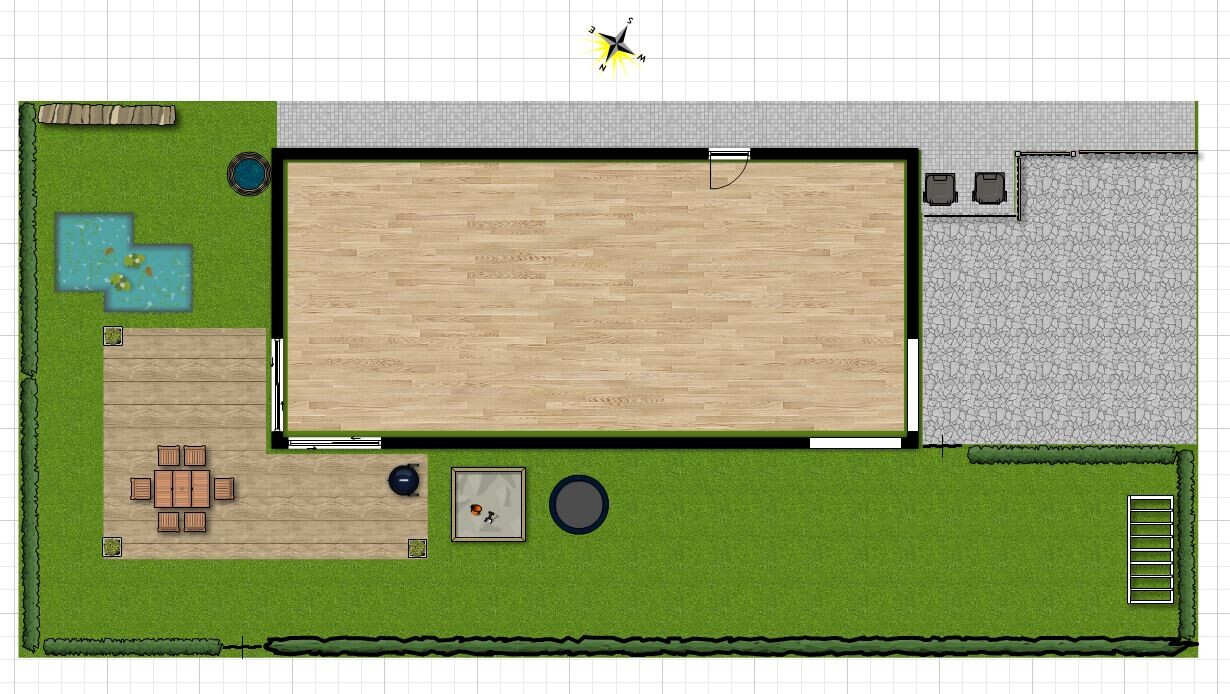 Top-Ansicht eines Hausgrundrisses mit Garten, Terrasse, Pool und Sitzbereich.