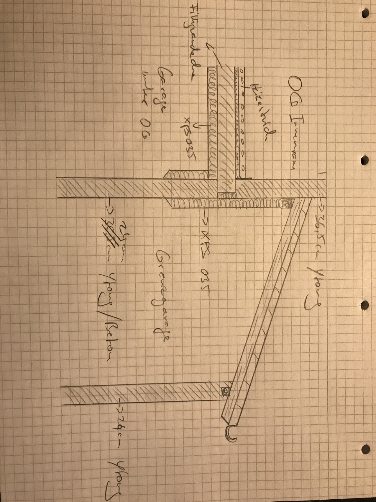 Handgezeichnete Skizze eines Maschinenaufbaus mit Balken, Feder, Gelenk und Umlenkrolle.