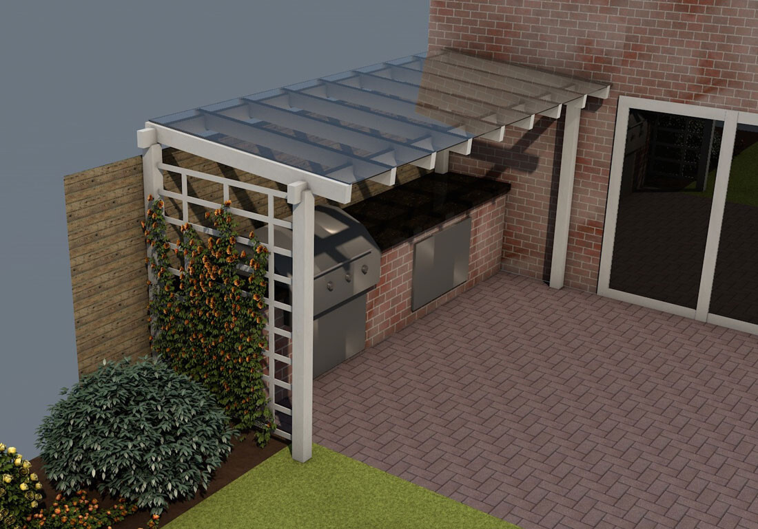 Außenküche mit Grill und Arbeitsplatte unter Pergola an Ziegelhaus, gepflasterte Terrasse