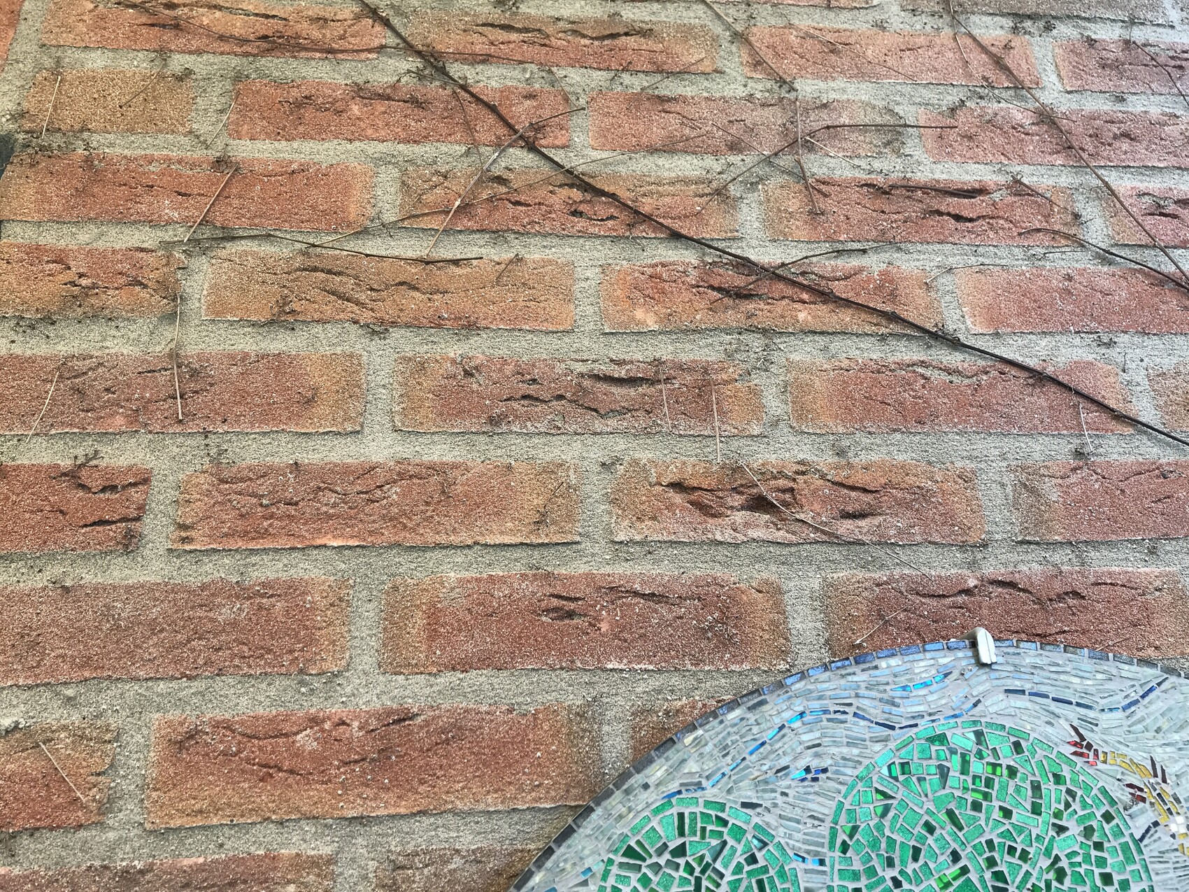 Rote Backsteinwand mit Kletterzweigen und mosaik-Tisch am unteren Rand.